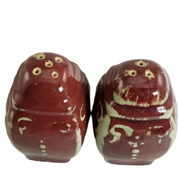 Vintage Tudor Rust & Mottled Maroon and Green Salt & Pepper Shakers by Bombay - Picture 2 of 7